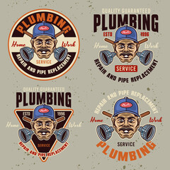 Plumbing service and pipe replacement set of vector vintage emblems, labels, badges or logos. Illustration in colorful cartoon style on light background