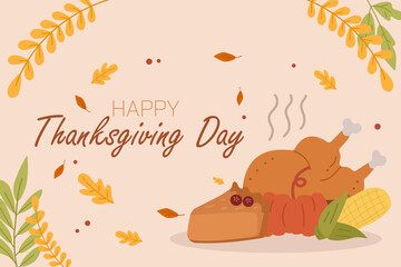 Thanksgiving typography with grilled chicken, pumpkins, leaves in fall colors.