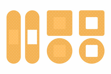 Medical plasters set vector isolated. Group of plasters of different shapes and sizes. Medical tool for injured skin. Sticky strip, antibacterial protection for wound.