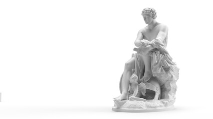 3d render white marble sculpture on a white background of a seated man with a child