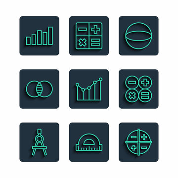 Set line Drawing compass, Protractor, XYZ Coordinate system, Geometric figure Sphere, Graph, schedule, chart, diagram, Mathematics sets A and B, and Calculator icon. Vector