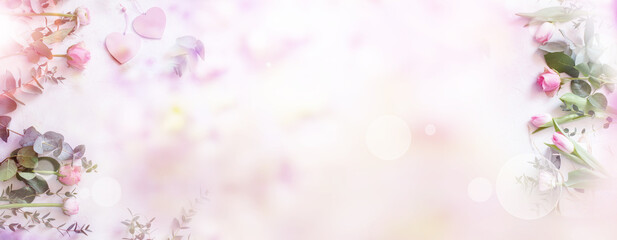 Obraz na płótnie Canvas Wedding background. Floral dekoration on tender pink bokeh background. Horizontal top view for wedding cards and banner.