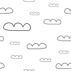 A hand-drawn seamless pattern with clouds. Black outline of clouds on a white background.