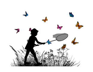 Silhouette of a girl catching butterflies. Vector illustration