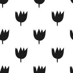 Seamless pattern with black abstract flowers on white background. Design element for wrapping paper, textile, fabric, wallpaper.