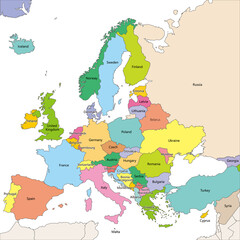 ヨーロッパ全体の地図と国境、英語の国名