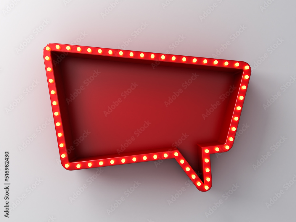 Poster Speech bubble notification red sign pin box with retro yellow shining neon light bulbs isolated on dark white wall background with shadow creative idea concepts 3D rendering
