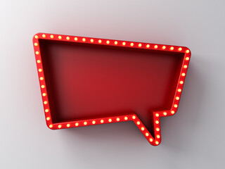 Speech bubble notification red sign pin box with retro yellow shining neon light bulbs isolated on dark white wall background with shadow creative idea concepts 3D rendering