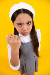 Childhood emotion anger and hate. Teenager girl frowning upset because of problem. Mad young girl...