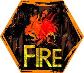 Rolgordijnen grungy fire warning sign, octogonal, with flame paint splatters and caption © Kirsten Hinte
