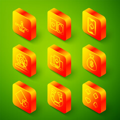 Set line Joker playing card, Deck of cards, Online poker table game, Lottery machine, Money bag, Game dice and Horseshoe icon. Vector