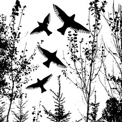 black silhouette of trees with flying birds. Vector illustration
