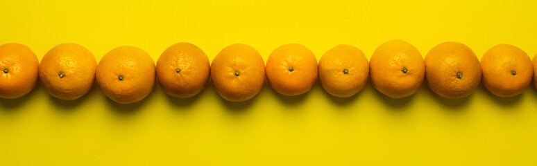Flat lay with tangerines in row on yellow background, banner.