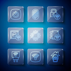 Set line Smart electric plug, Wi-Fi wireless internet network, Mobile with smart home, Digital door lock, Processor CPU, electrical outlet, and icon. Vector