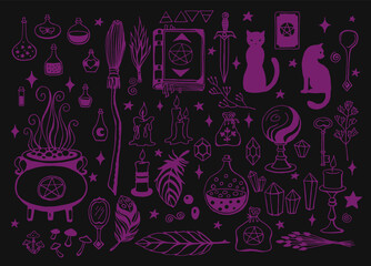 Witchcraft, magic background for witches and wizards. Vector vintage collection. Hand drawn magic tools, concept of witchcraft. Drawn magic tools: book, candles, potions, broom, crystals, cauldron.