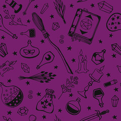 Seamless pattern with hand drawn magic tools, concept of witchcraft. Witchcraft, magic background for witches and wizards.