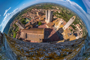 medieval Tuscany - San Gimignano - top view - fisheye view - obrazy, fototapety, plakaty