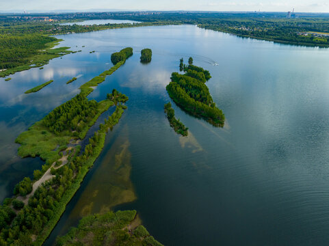 Pogoria IV lake in Dabrowa Gornicza Aerial View. Popular tourist destination in Zaglebie. Silesian Voivodeship, Poland. 
