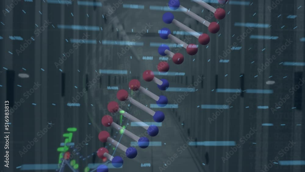 Poster animation of dna strand and globe with data processing over server room