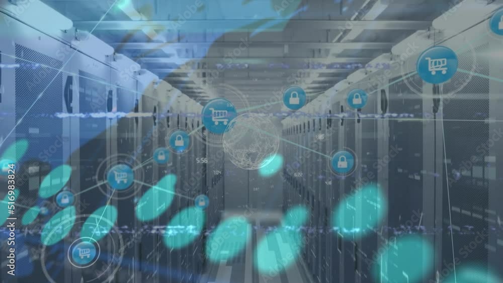 Poster animation of network of connections and data processing with world map over server room