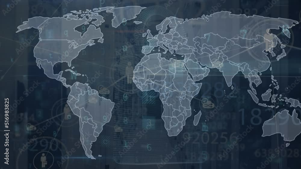 Poster animation of network of connections and data processing with world map over server room