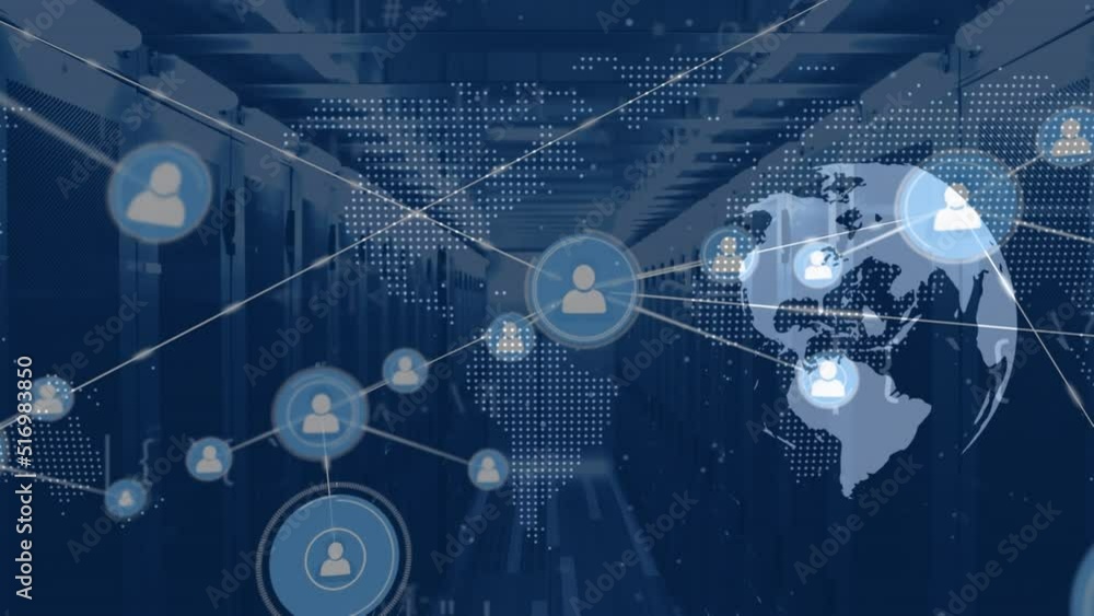 Poster animation of network of connections and data processing with world map over server room