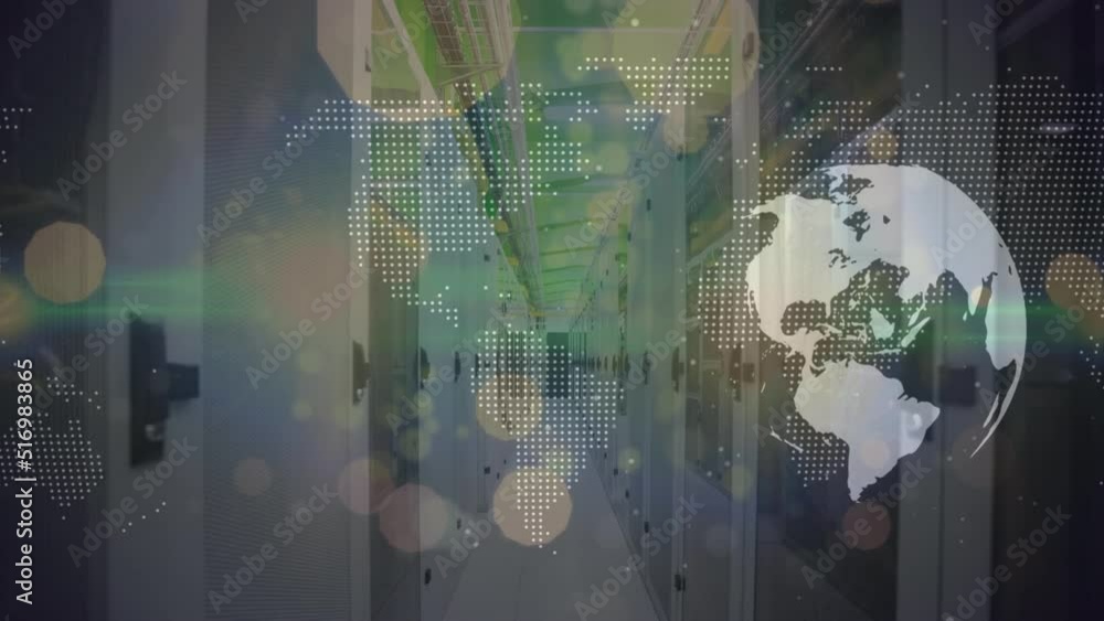 Poster animation of light spots and world map with world map over server room