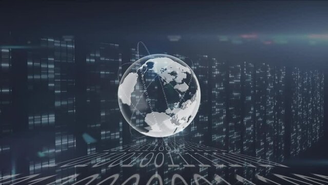 Animation of globe over data processing on black background