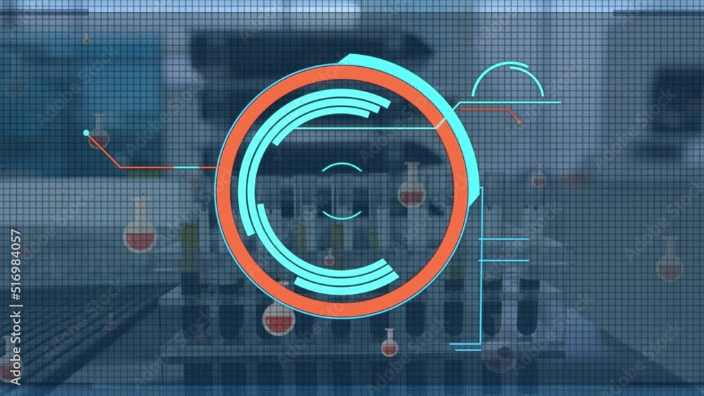Poster animation of circles and beaker icons over test tubes in lab