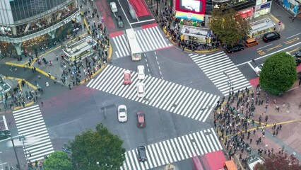 Above of traffic and thoroughfare with crowded people crossing and car driving in Shibuya intersection square at Tokyo, Japan