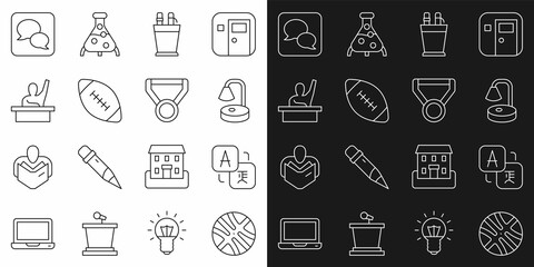 Set line Basketball ball, Translator, Table lamp, Pencil case stationery, American football, Male kid raising hand, Speech bubble chat and Medal icon. Vector