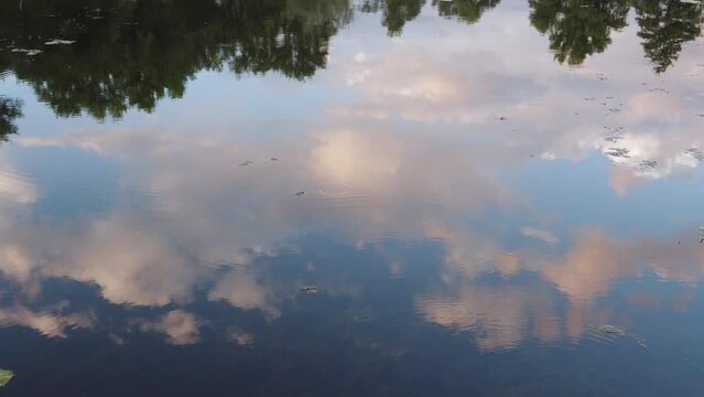 Fluffy clouds of the evening sky are reflected on the water, the surface of the river.