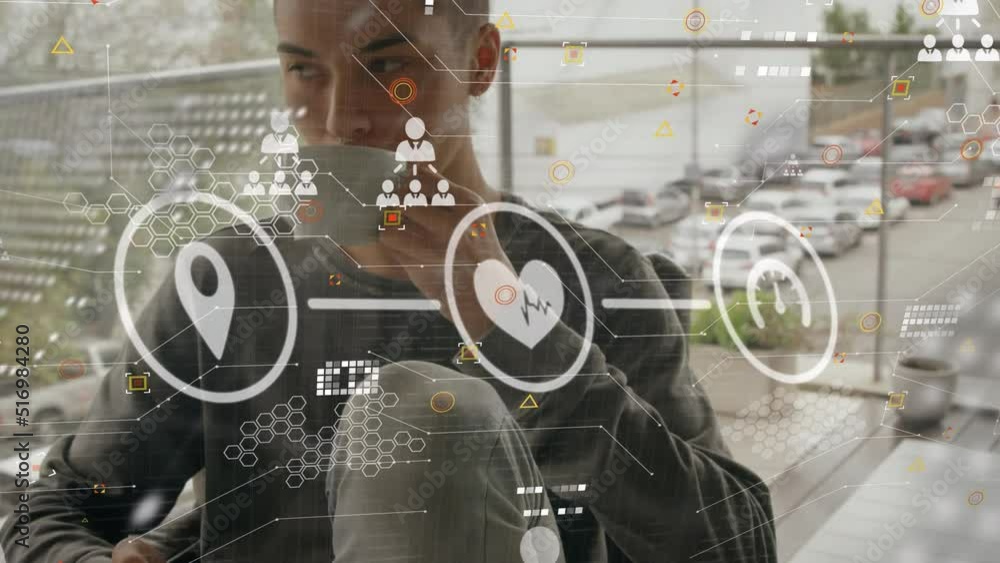 Poster animation of data processing and globe over caucasian man with coffee