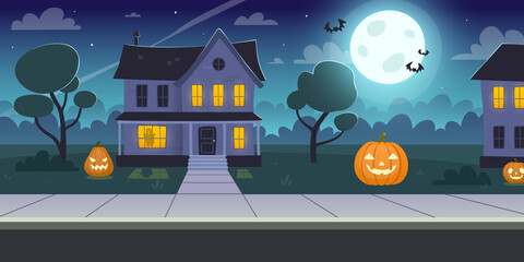 Halloween night background with old house. Midnight street with halloween decorations and moon. © Sonium_art