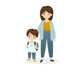 Cute school boy standing with his mother. Cartoon mom with son. Parent with child.