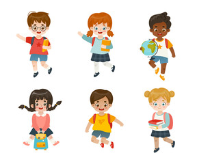 Set of adorable school children. Happy diverse cartoon kids jumping. Cute pupils collection.