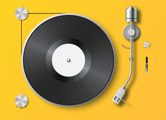 Realistic vinyl record player background. Retro gramophone LP record. Top view. Detailed vintage turntable with vinyl record. Sound equipment. Concept for sound, entertainment. 3d vector illustration