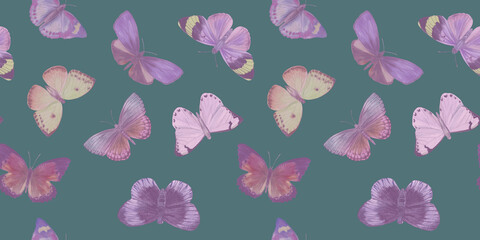 Seamless pattern Watercolor butterflies on a bright background. Botanical background of butterflies for design, wallpapers, wrapping paper, textiles.