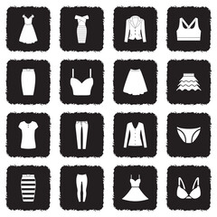 Clothing and Dress Icons. Grunge Black Flat Design. Vector Illustration.