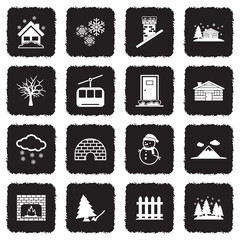 Winter Town Icons. Grunge Black Flat Design. Vector Illustration.