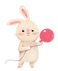 Cute sweet cartoon cheerful adorable childish watercolor bunny illustration fluffy rabbit with a pink lovely flying balloon isolated on white background.