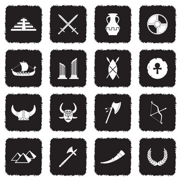 Ancient Icons. Grunge Black Flat Design. Vector Illustration.