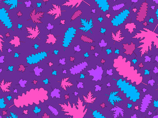Colorful leaves seamless pattern. Autumn falling leaves, leaf fall. Oak and maple. Design for wrapping paper, print, fabric and printing. Vector illustration