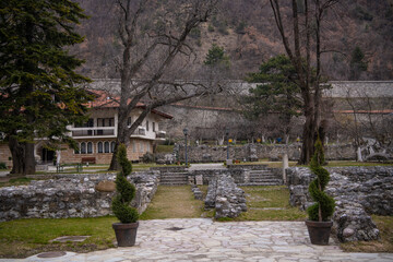 Courtyard or garden of Medieval Monastery and Church Pecka Patrijarsija, main Serbian orthodox monastery and patriarchate. UNESCO world heritage site in Pec, Kosovo, Serbia 05.03.2022
