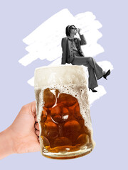 Stylish woman sitting on huge mug of frothy beer. Contemporary art collage. magazine style. Concept of festival, holidays, party, beer, drinks and snacks, oktoberfest