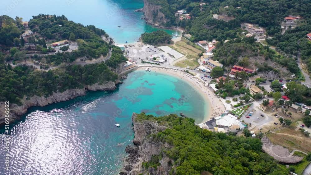 Sticker Agios Spyridonas, main beach of Palaiokastritsa village, Corfu Island, Greece, 4k