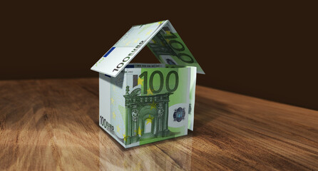 Euro 100 EUR money banknotes paper house on the table 3d illustration