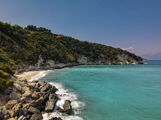 horizontal shot drone of a beach near to myrtos beach in kefalonia island, Greece, with view on hills and copy space