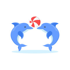 Two dolphins playing ball. Vector illustration in very cute childish style. Illustrations that are very suitable for children