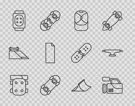 Set line Knee pads, Cinema camera, Baseball cap, Skateboard, Grip tape on skateboard, park and wheel icon. Vector